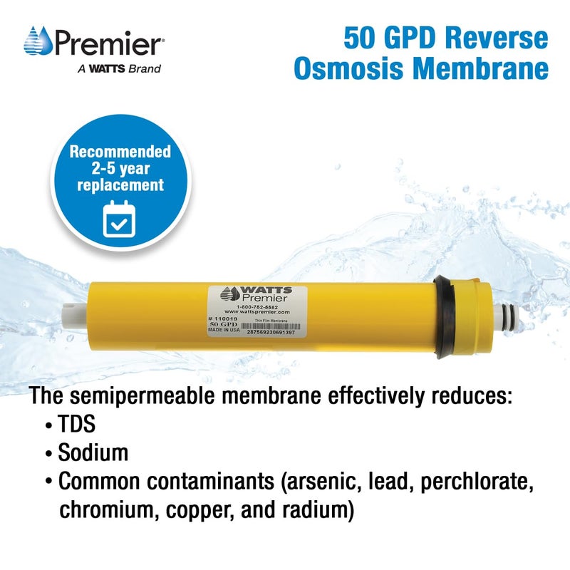 Watts Premier RO Water Filter 50 GPD (Gallons Per Day) Semi-Permeable Membrane Replacement for Premier Standard Reverse Osmosis System, Yellow, Built-In Check Valve, 1.8" Dia x 10.75" L, 1-Pack - Image 2